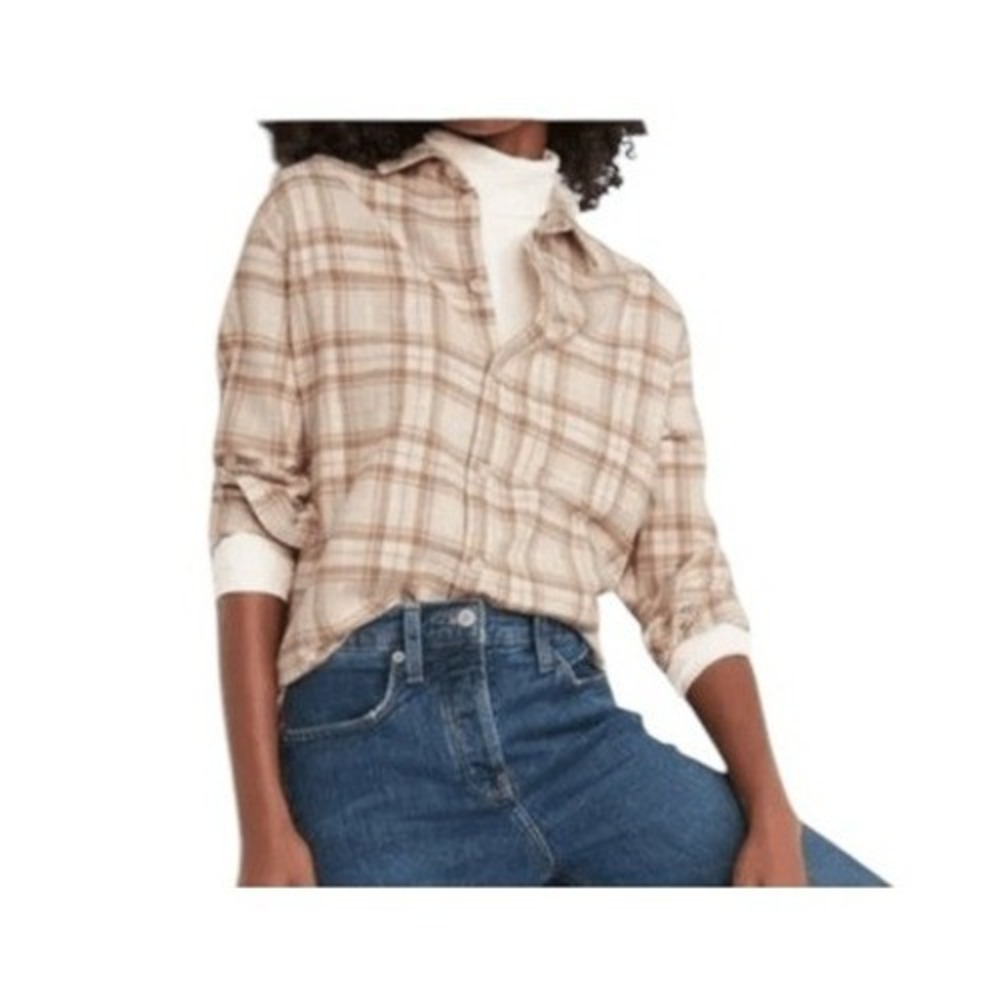 Old Navy Boyfriend Flannel Button Down Shirt‎ Seasalt Tan Cream Tartan Plaid XS